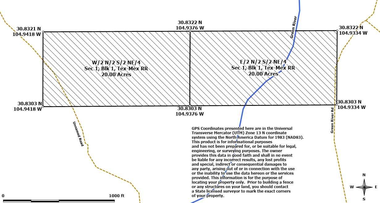 Survey map — Two 20-acre parcels, Section 1, Blk 1, Tex-Mex RR, showing Green River and Green River Rd