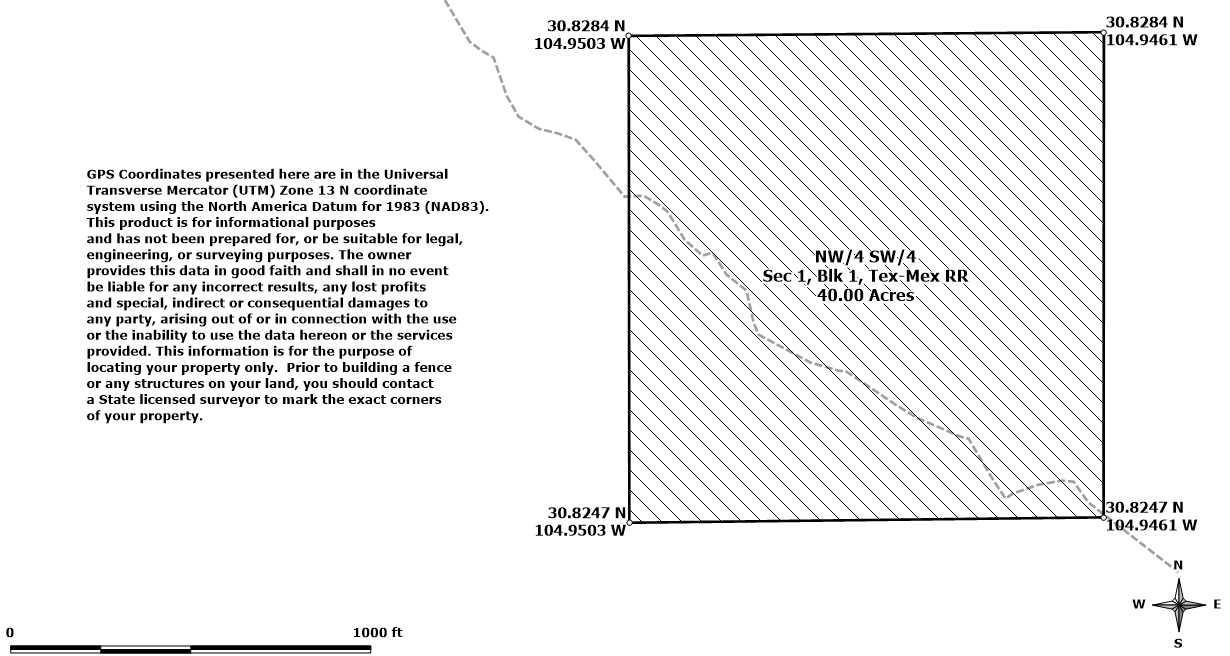 Survey map — 40 acres, NW/4 SW/4, Section 1, Blk 1, Tex-Mex RR